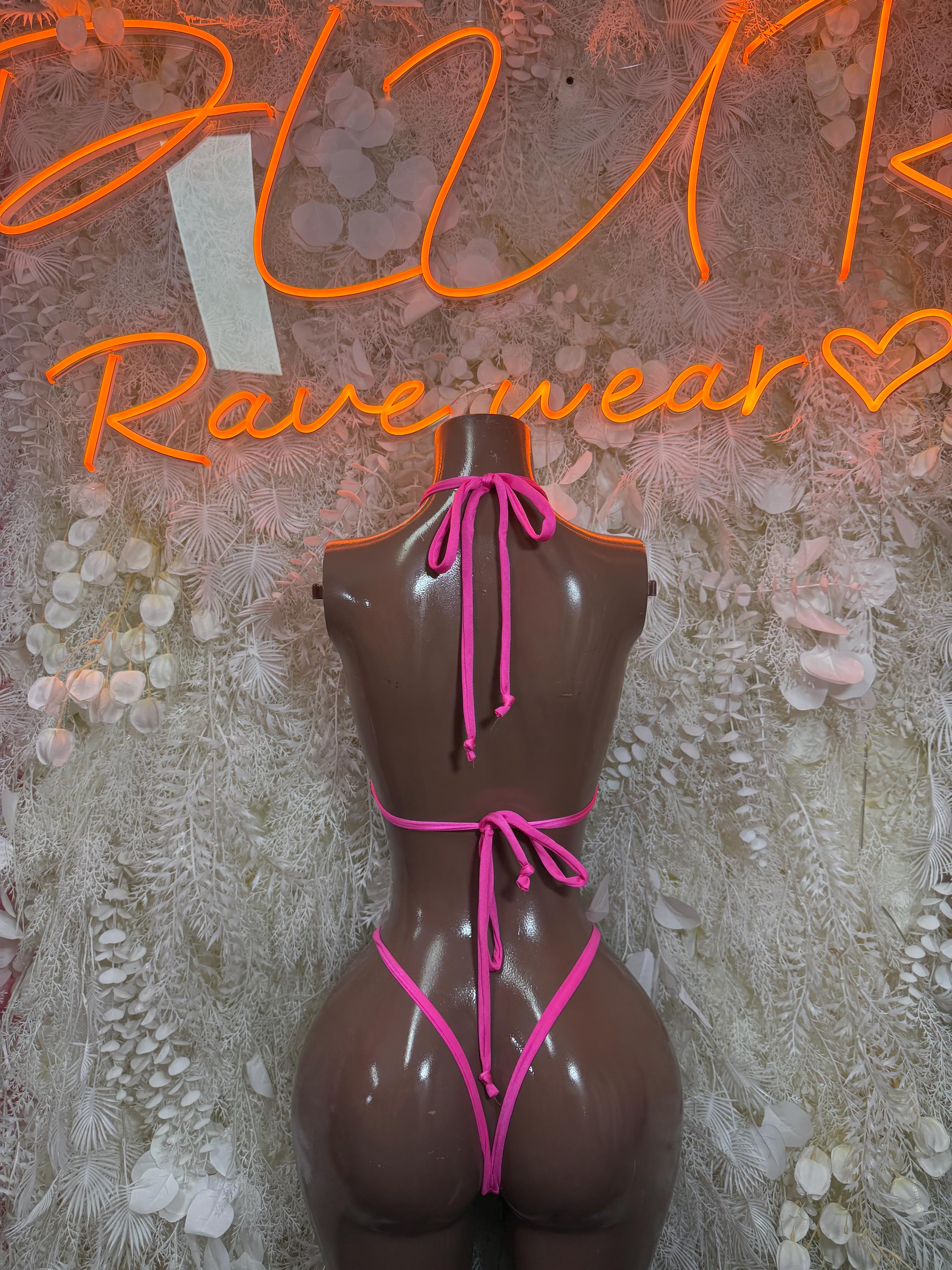 Rave Outfit Pink Fringe Two Piece Set Festival Outfit Clubwear Bartender Outfit