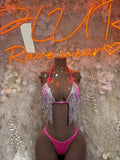 Pink sequin fringe rave bralette and thong set on mannequin