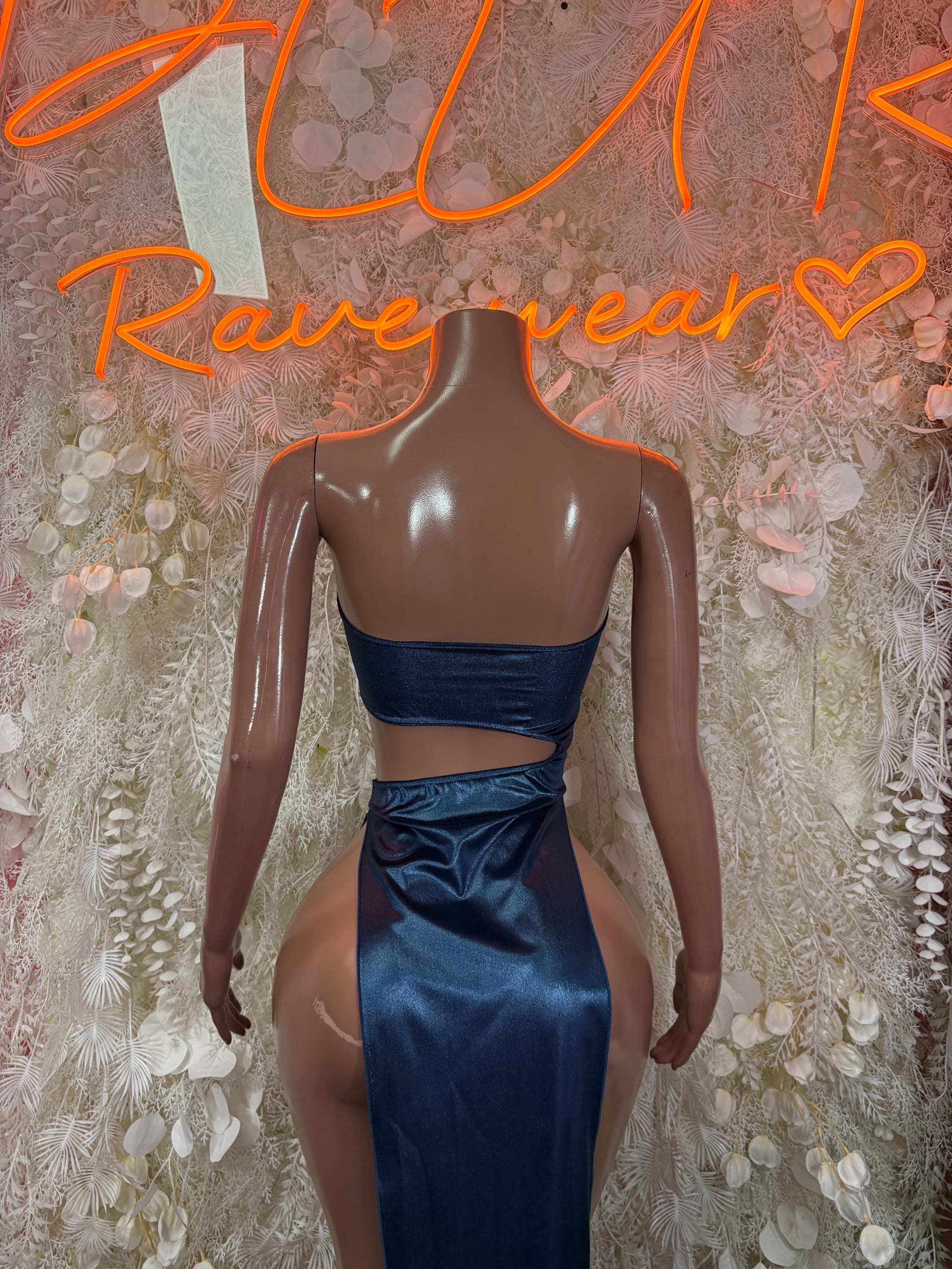 Blue satin dancewear gown, halter top with open back and tied waist