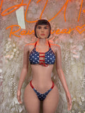 Patriotic stars and stripes two-piece bikini with red ties on navy blue top and bottoms
