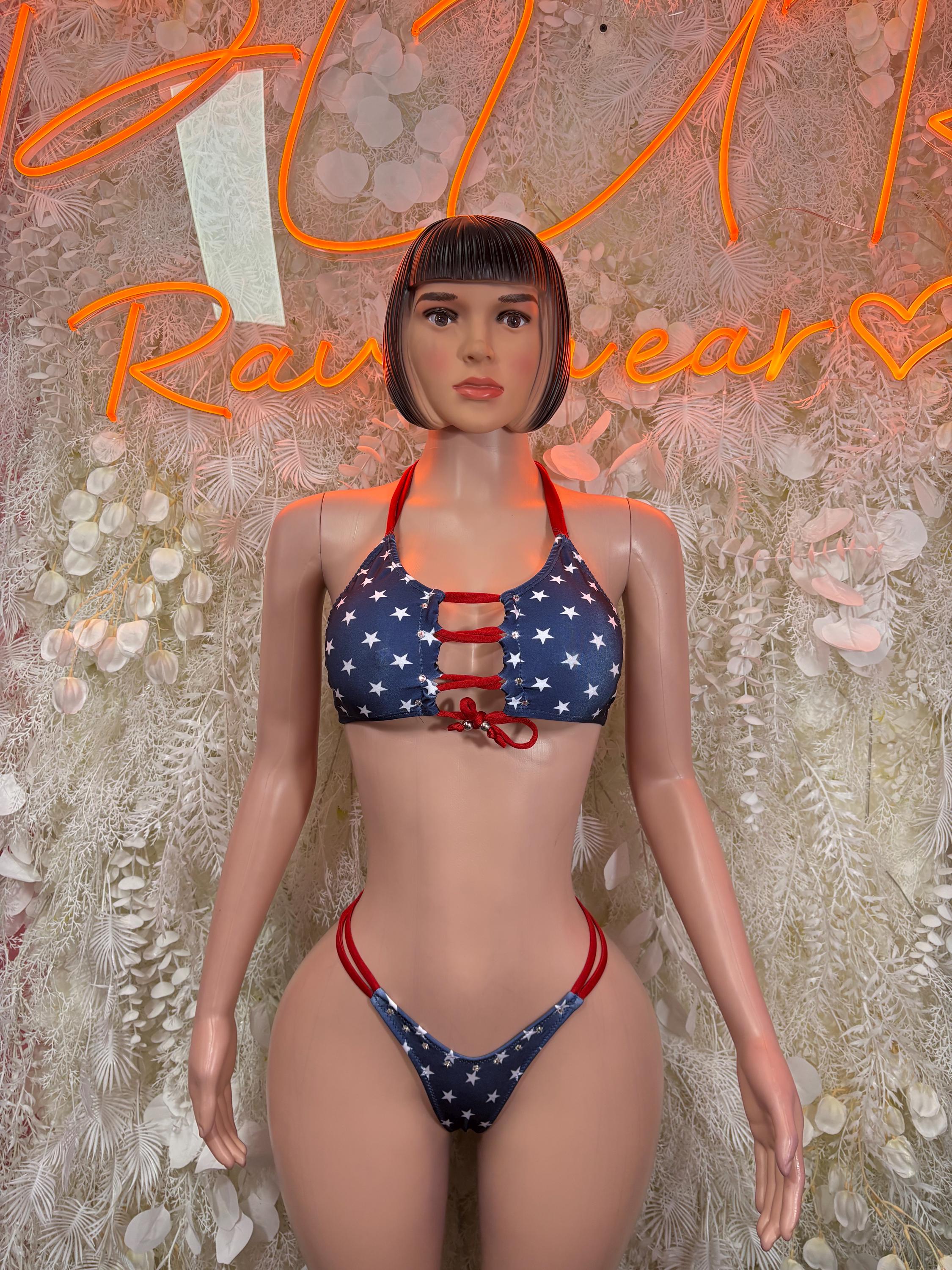 Patriotic stars and stripes two-piece bikini with red ties on navy blue top and bottoms