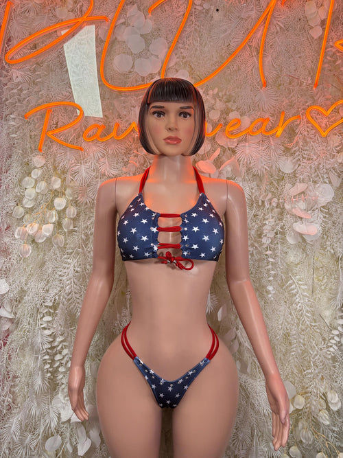 Patriotic stars and stripes two-piece bikini with red ties on navy blue top and bottoms