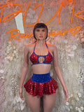 Two-piece patriotic skirt set: blue star bikini top and red ruffled star skirt