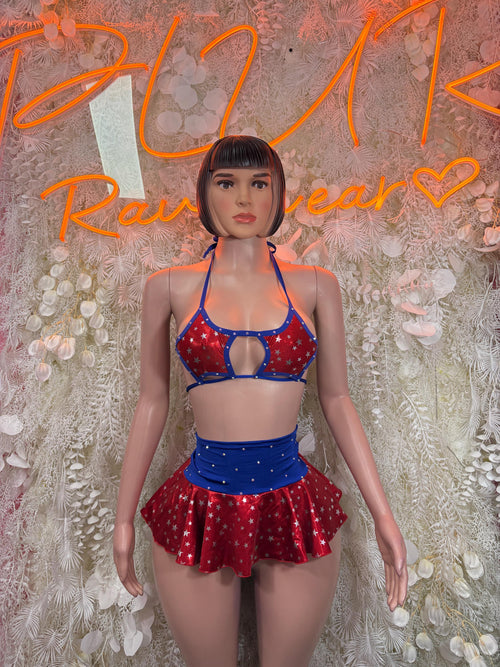 Two-piece patriotic skirt set: blue star bikini top and red ruffled star skirt