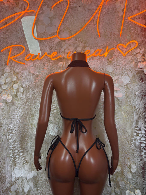 Black string bikini set with triangle bra and V-back thong