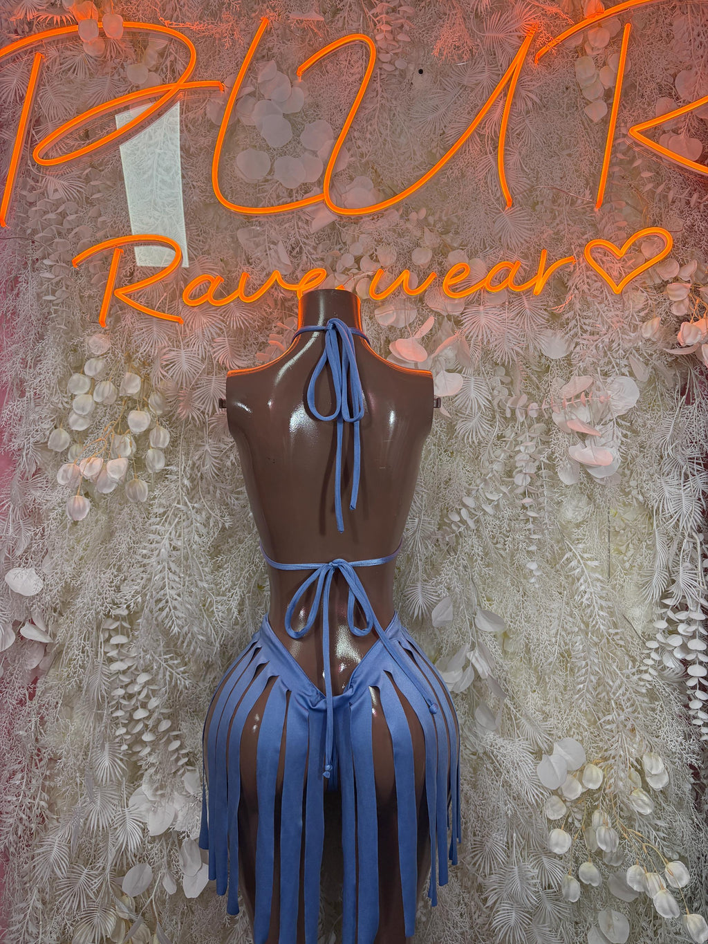 Blue two-piece set with triangle halter top and tie-front fringe mini bottom