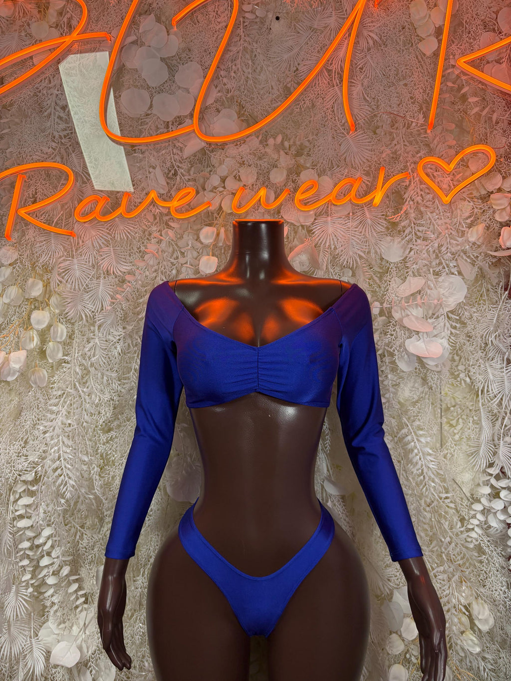 Royal blue two-piece dance set: long-sleeve cropped top and matching high-cut bottoms