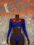 Royal blue two-piece dance set: long-sleeve cropped top and matching high-cut bottoms