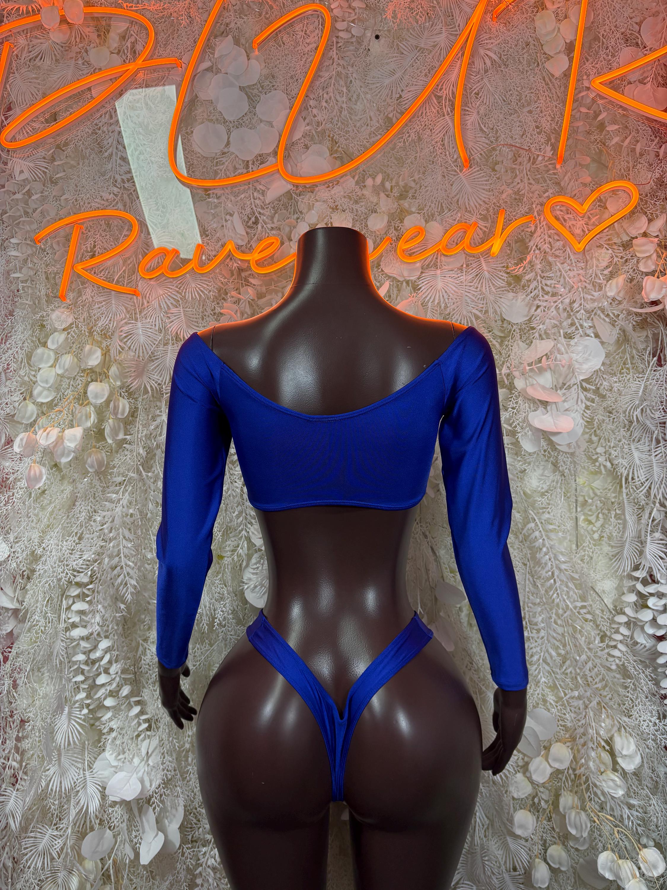 Royal blue two-piece dance set, back view: long-sleeve crop top and strappy bottoms