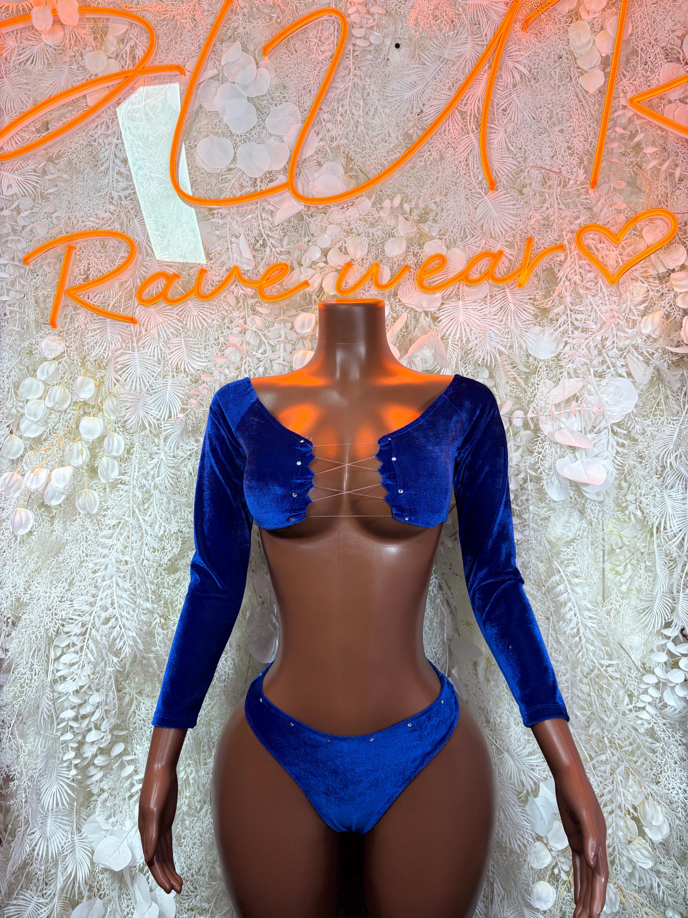Royal blue velvet two-piece dancewear set with long sleeves and thong-style bottoms