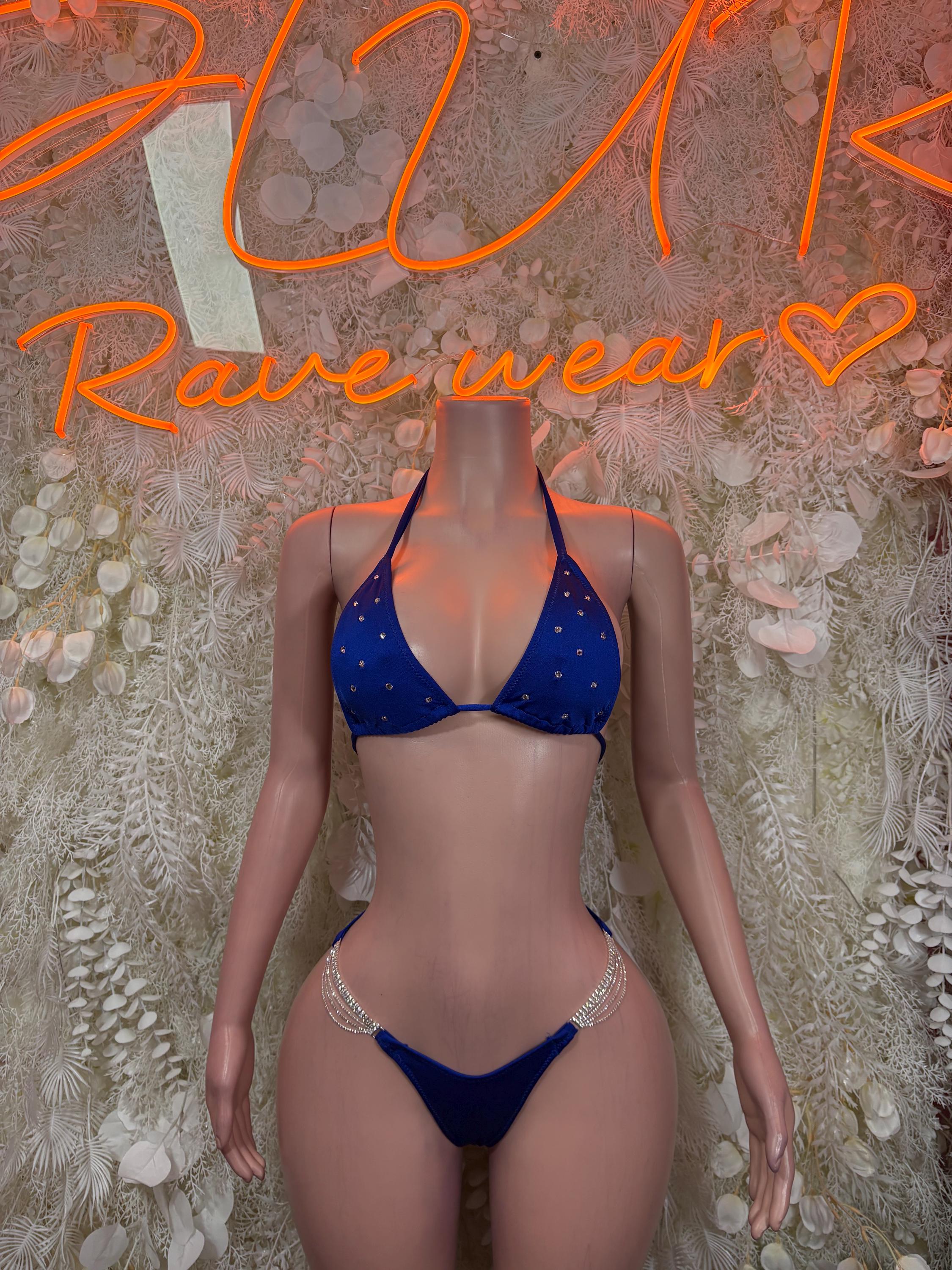 Royal blue rhinestone-speckled bikini set with tie halter top and string bottoms