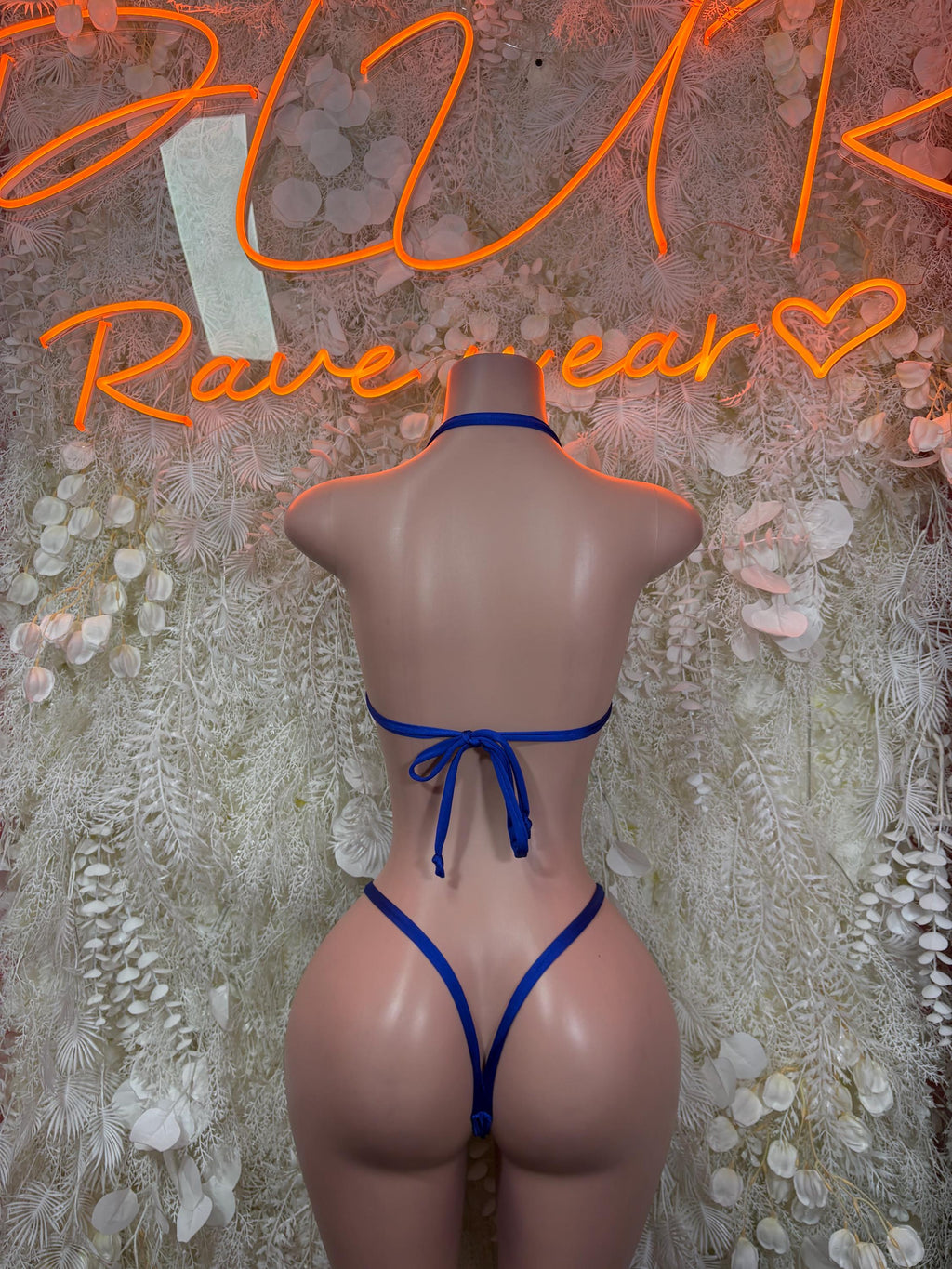 Back view royal blue micro bikini with triangle top ties and string thong bottoms