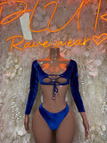 Royal blue velvet long-sleeve crop top with lace-up back and matching high-cut bottoms