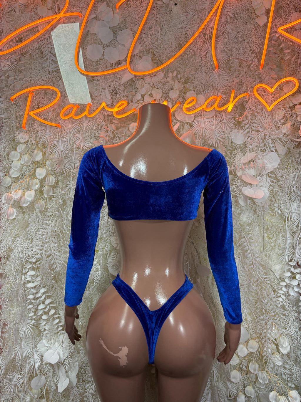 Royal blue velvet scoop-back long-sleeve top with matching high-cut bottoms