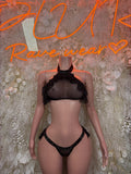 Black rave two-piece outfit with halter bra top and matching thong, ruffled accents