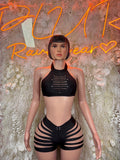 Black two-piece dancewear set: halter crop top and strappy cutout shorts