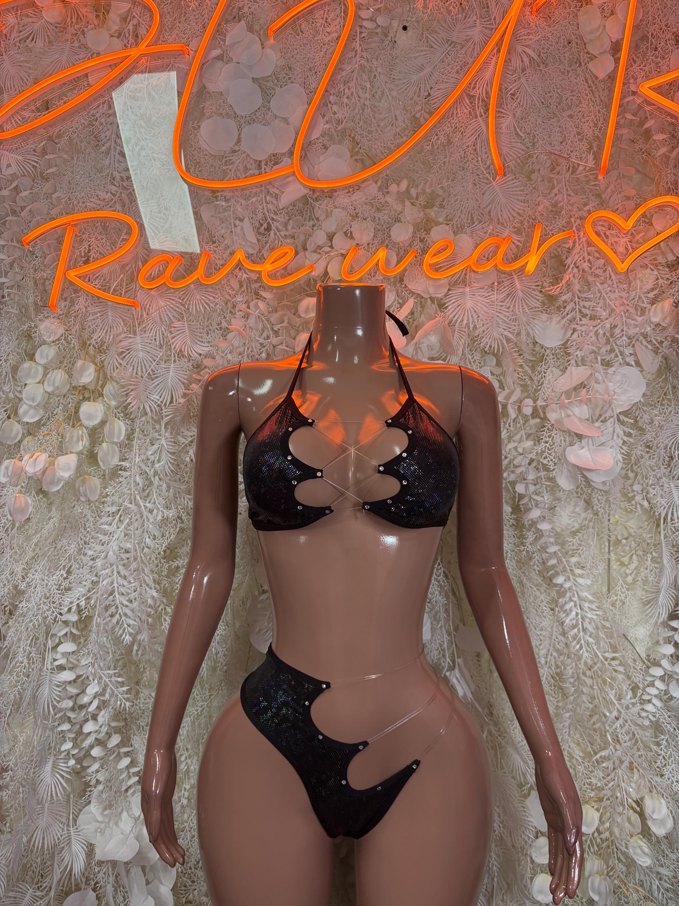Black halter bikini set with lace bra and matching high-cut bottoms