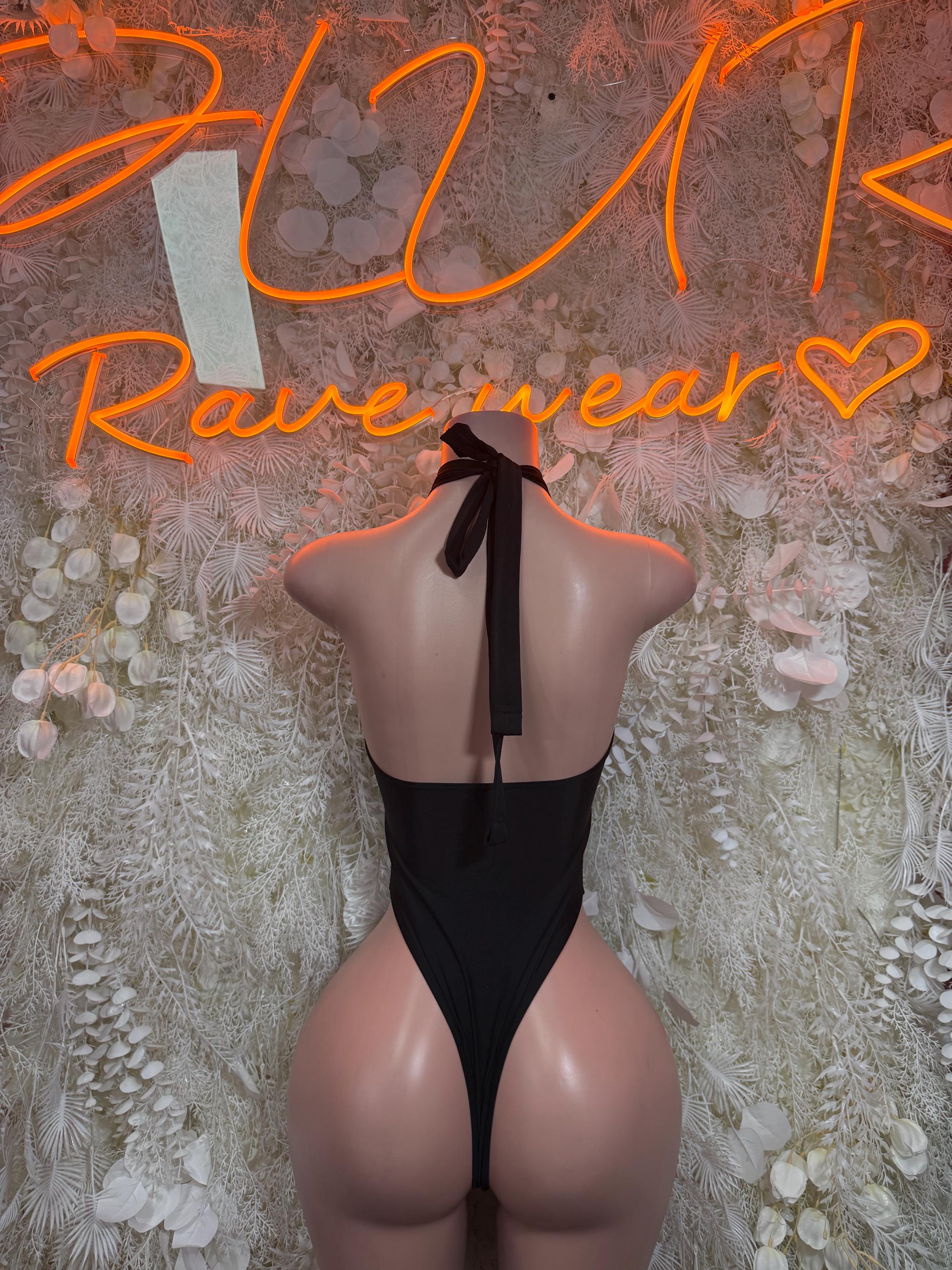 Black lace-up cutout bodysuit, open back with halter tie and vertical cutout