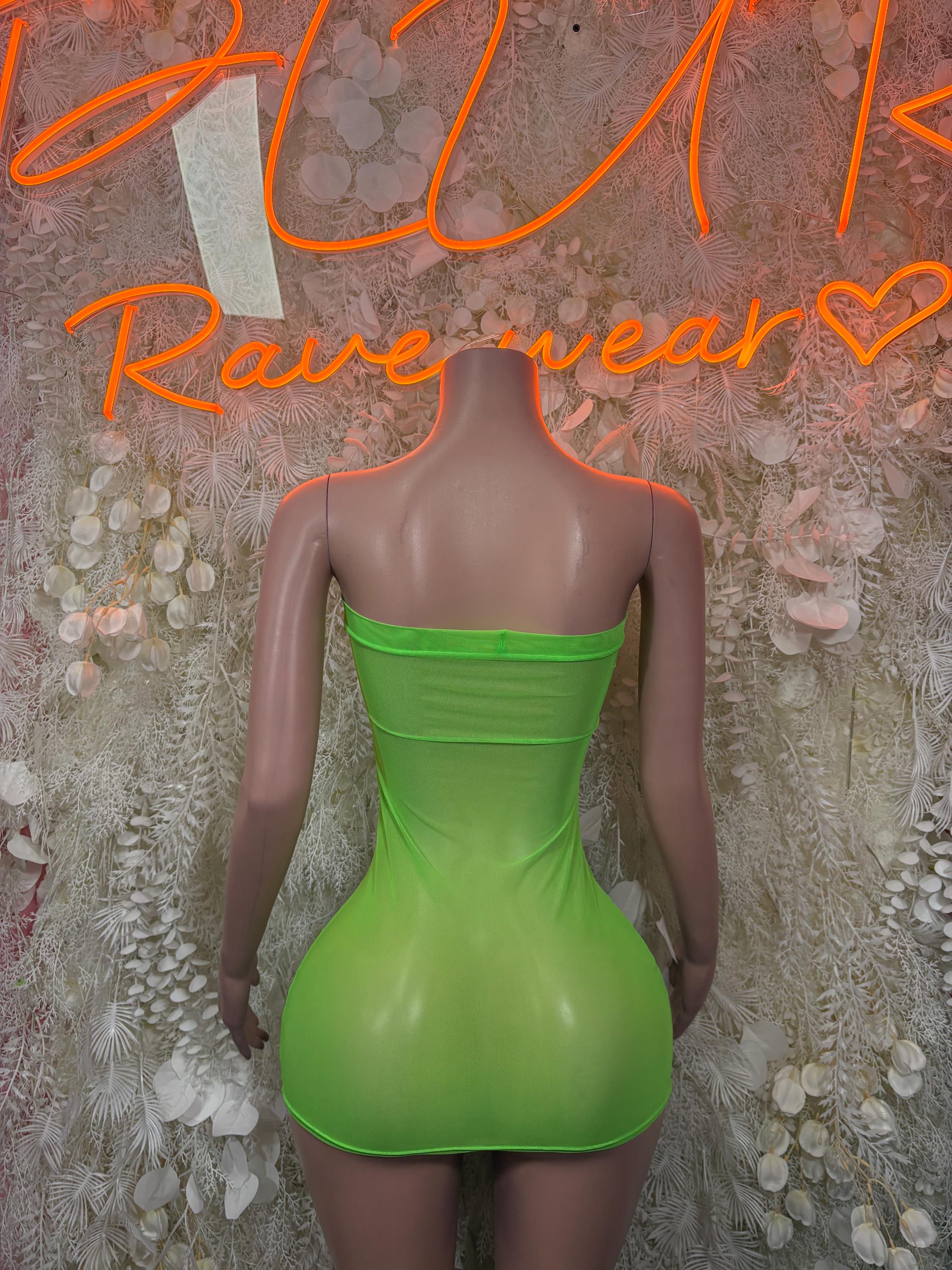 Neon Green Mesh Festival Dress - Mini Club Rave Outfit,  Party Bodysuit Dress