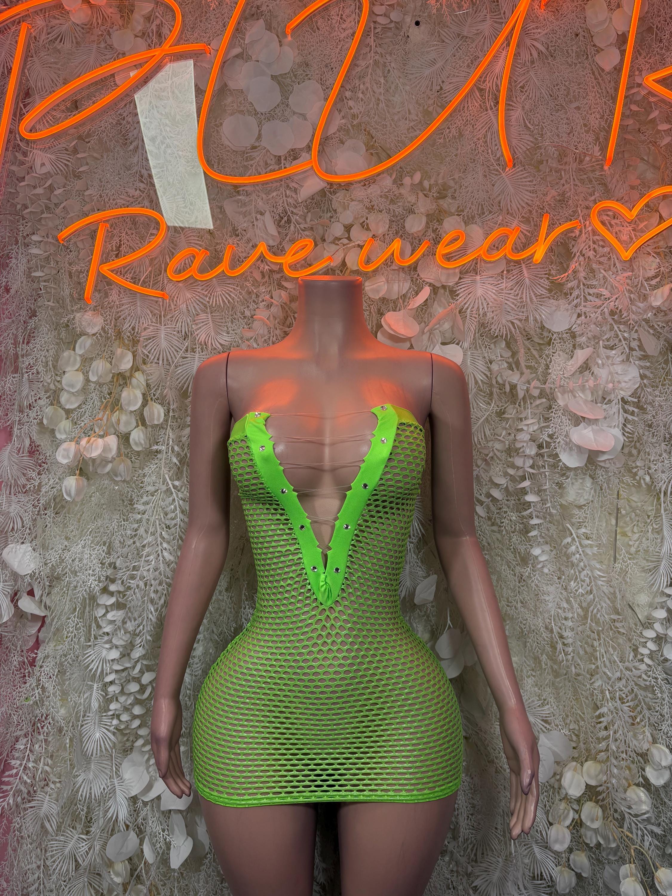 Fishnet Dress Neon - Mini  Club Rave Outfit Exotic Dancewear,  Party Bodysuit Dress