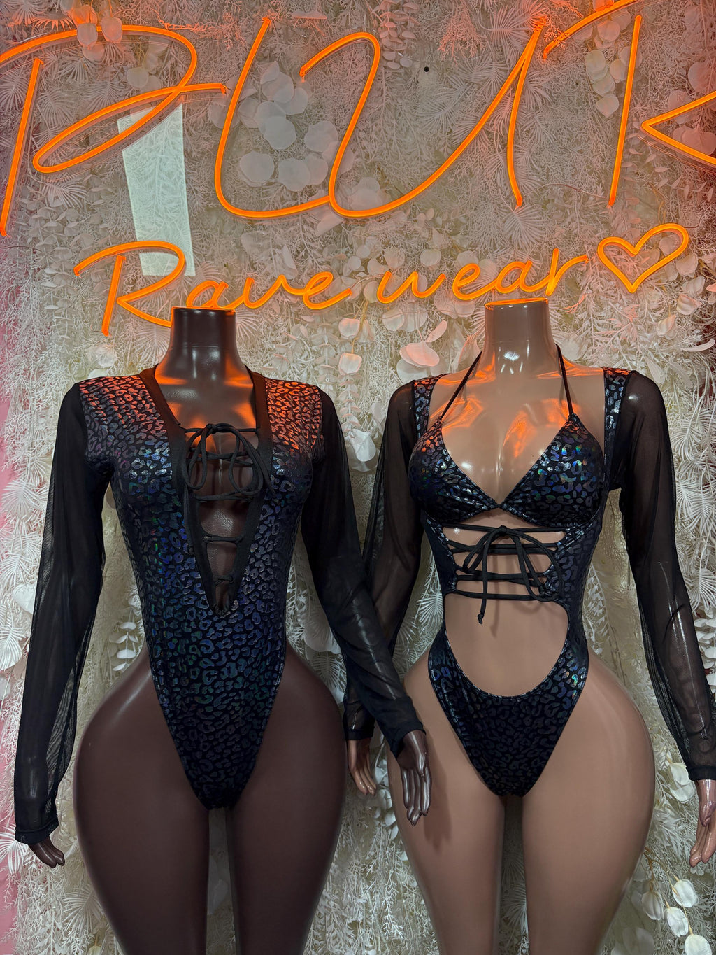 Black and metallic cheetah print bodysuits, lace-up front, sheer long sleeves