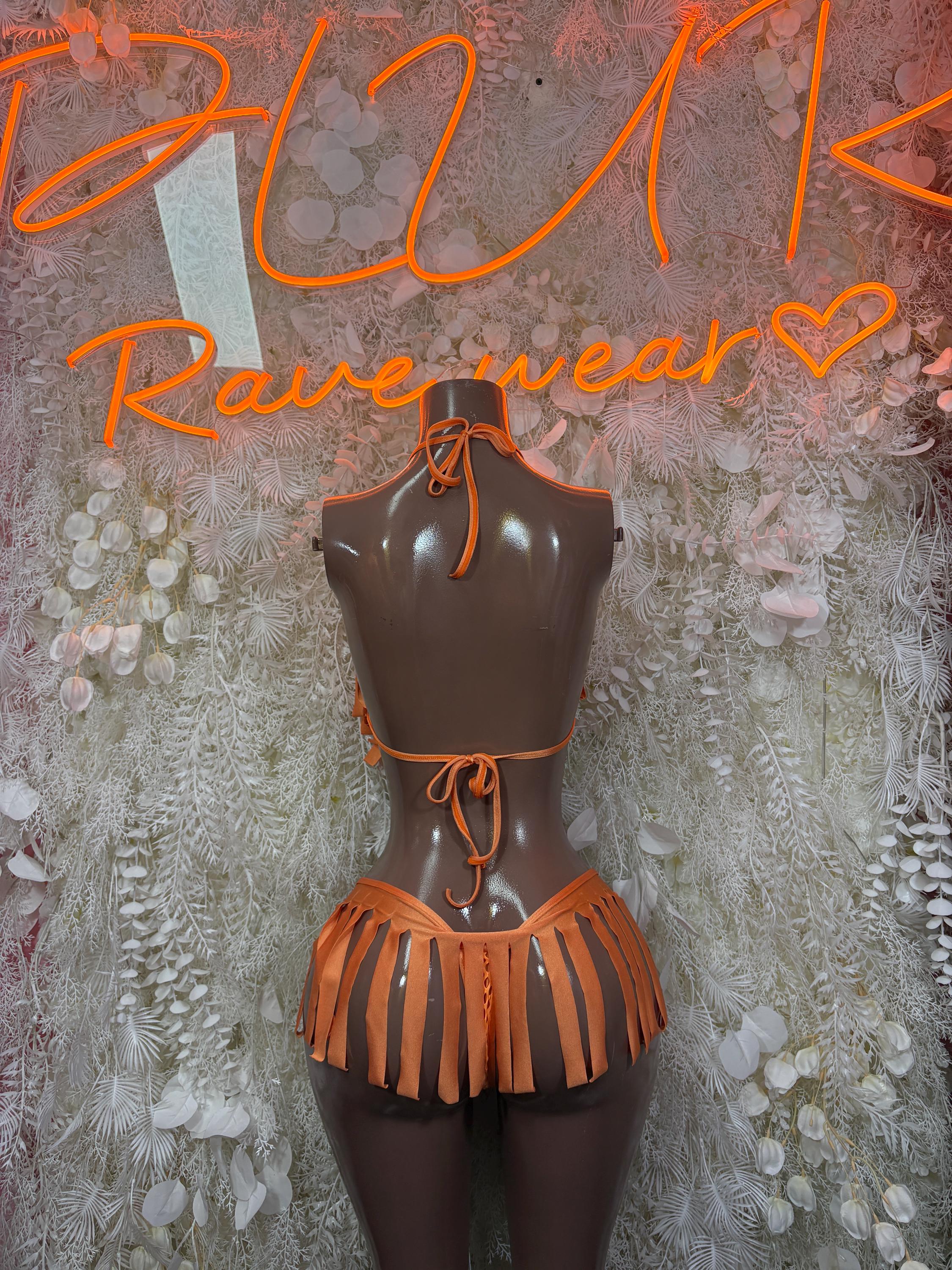 Rave Outfits Orange Two Piece Fringe Set Festival wear Costume