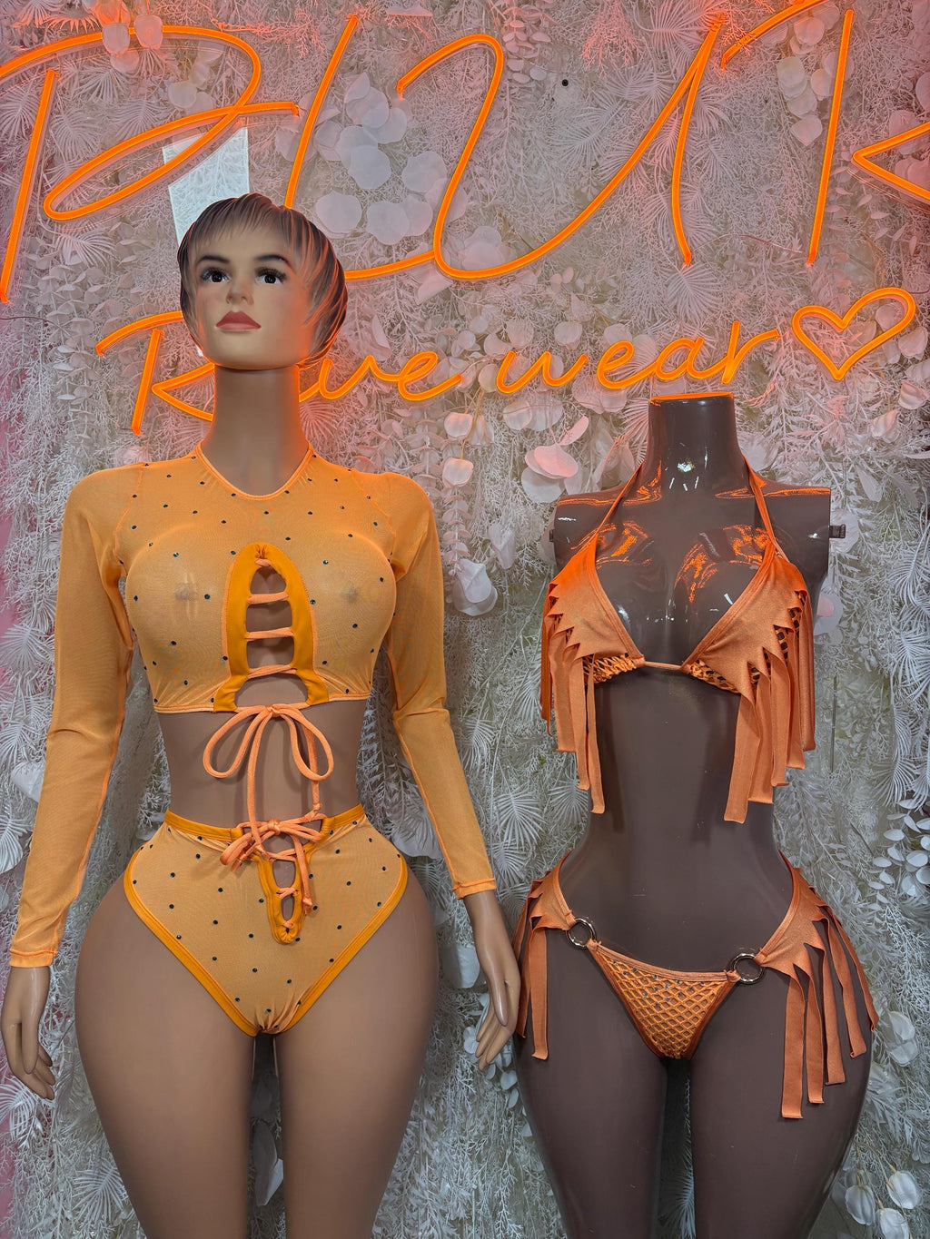 Rave Outfits Orange Two Piece Fringe Set Festival wear Costume