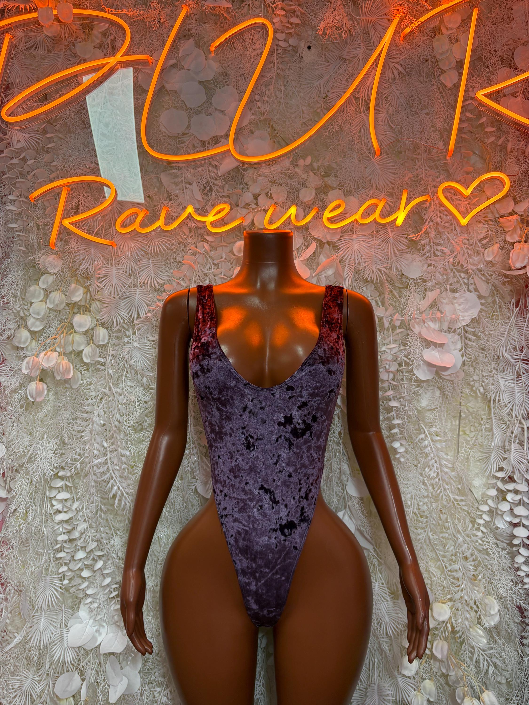 Ravewear One-Piece Bodysuit - Purple Velvet  Exotic Dancewear for Performers, Raves, & Festival Clothing