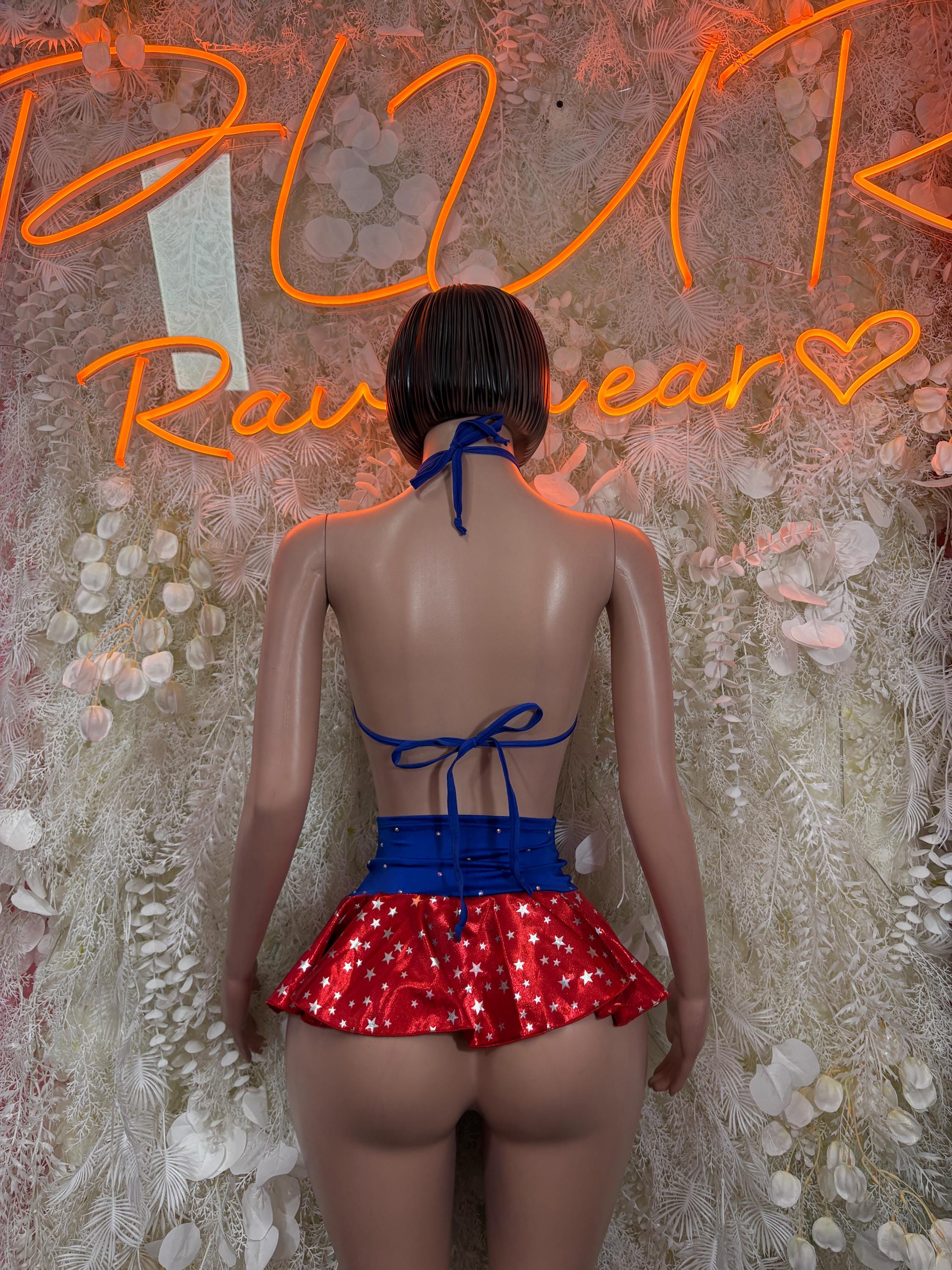 Patriotic two-piece skirt set, open-back blue bikini top and red star ruffled skirt