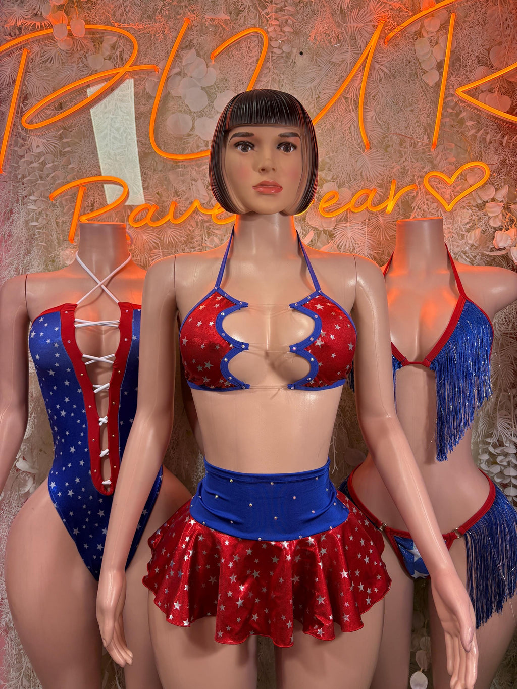 Patriotic two-piece skirt set with halter bikini top, blue red star cups, red ruffled skirt