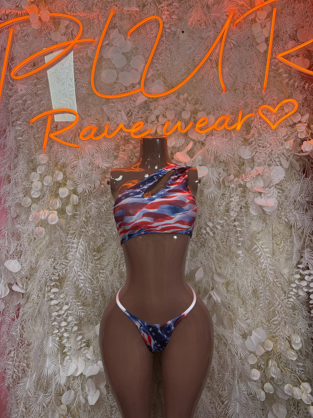 USA flag print bikini set with one-shoulder top and matching thong-style bottoms