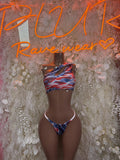 USA flag print bikini set with one-shoulder top and matching thong-style bottoms