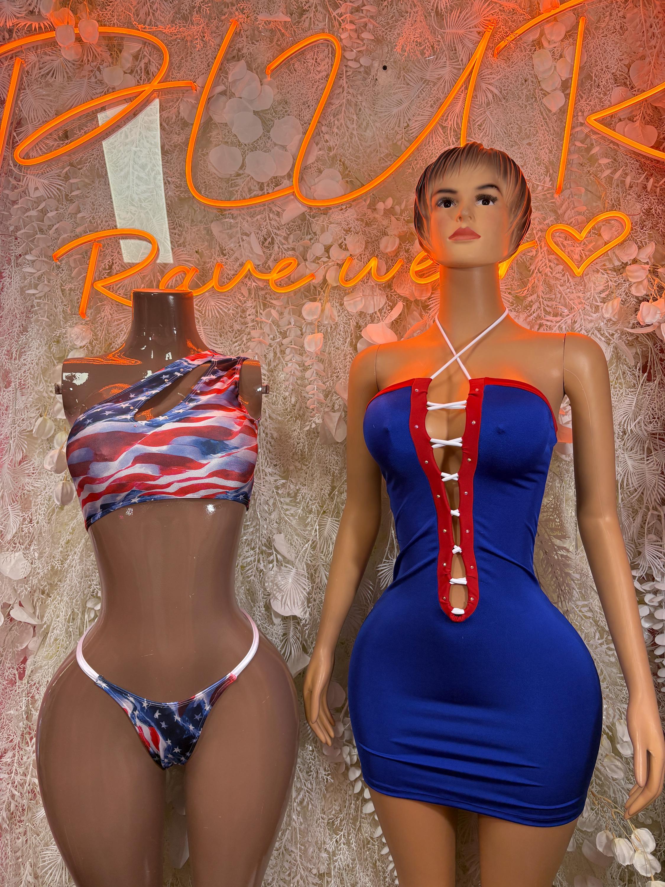 Blue strap mini dress with red lace-up front, plus patriotic striped bikini set