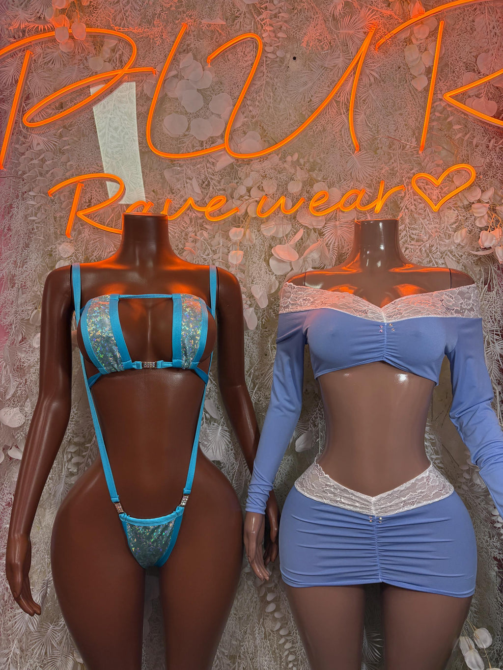 Blue two-piece clubwear set with lace trim: square-neck long-sleeve top and mini skirt