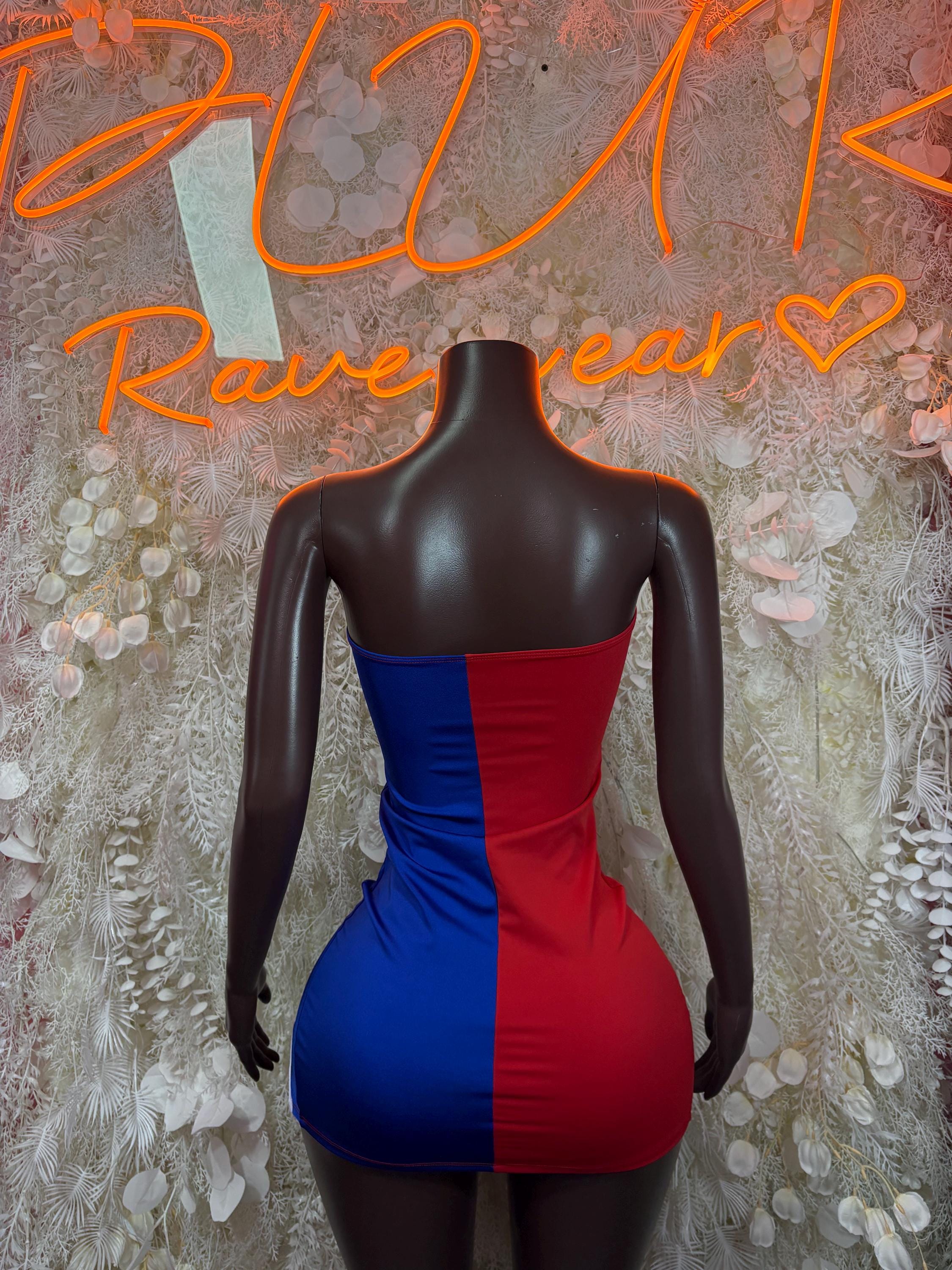 One-piece flag dress with red and blue color blocks on back