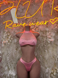 Baby pink rave two-piece set with halter mesh crop top and high-cut matching bottoms