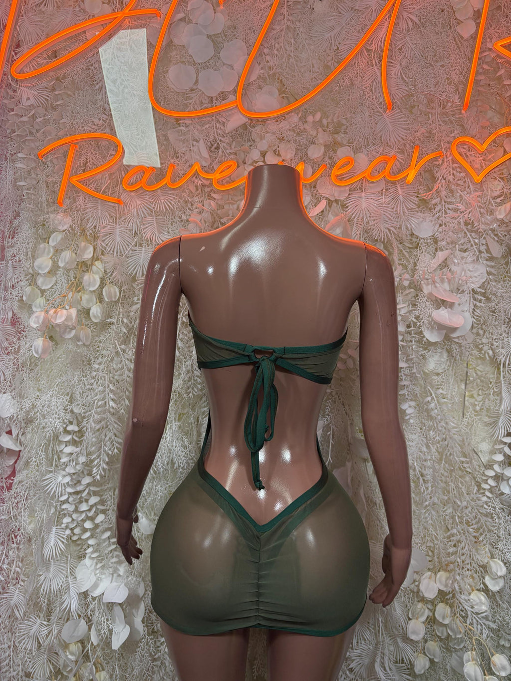 Olive green sheer mesh dancewear dress, bow-tied back with deep V