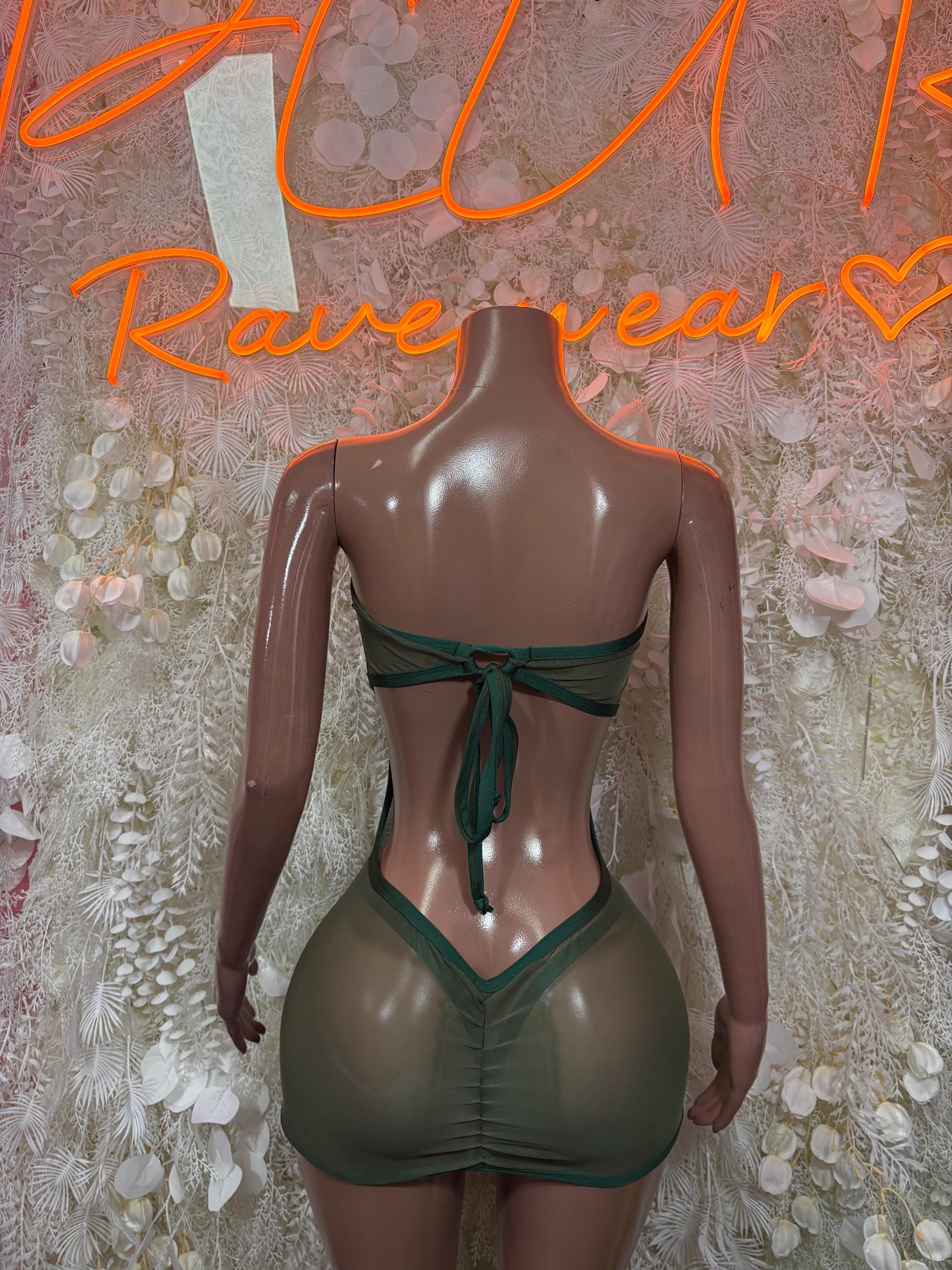 Olive green sheer mesh dancewear dress, bow-tied back with deep V