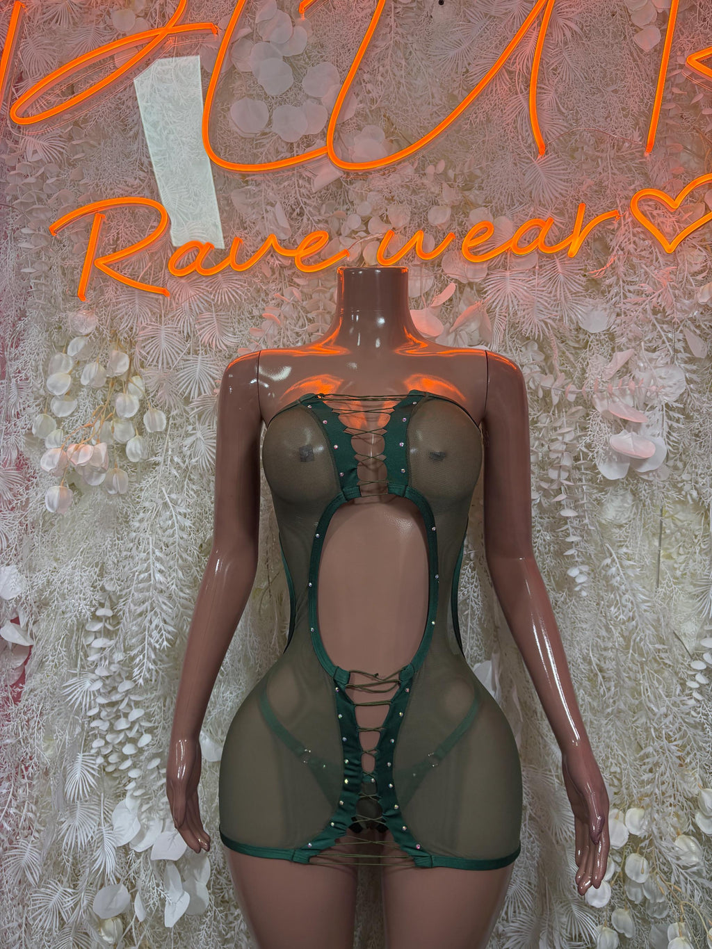 Olive green sheer mesh dancewear dress with cutout front and garter straps
