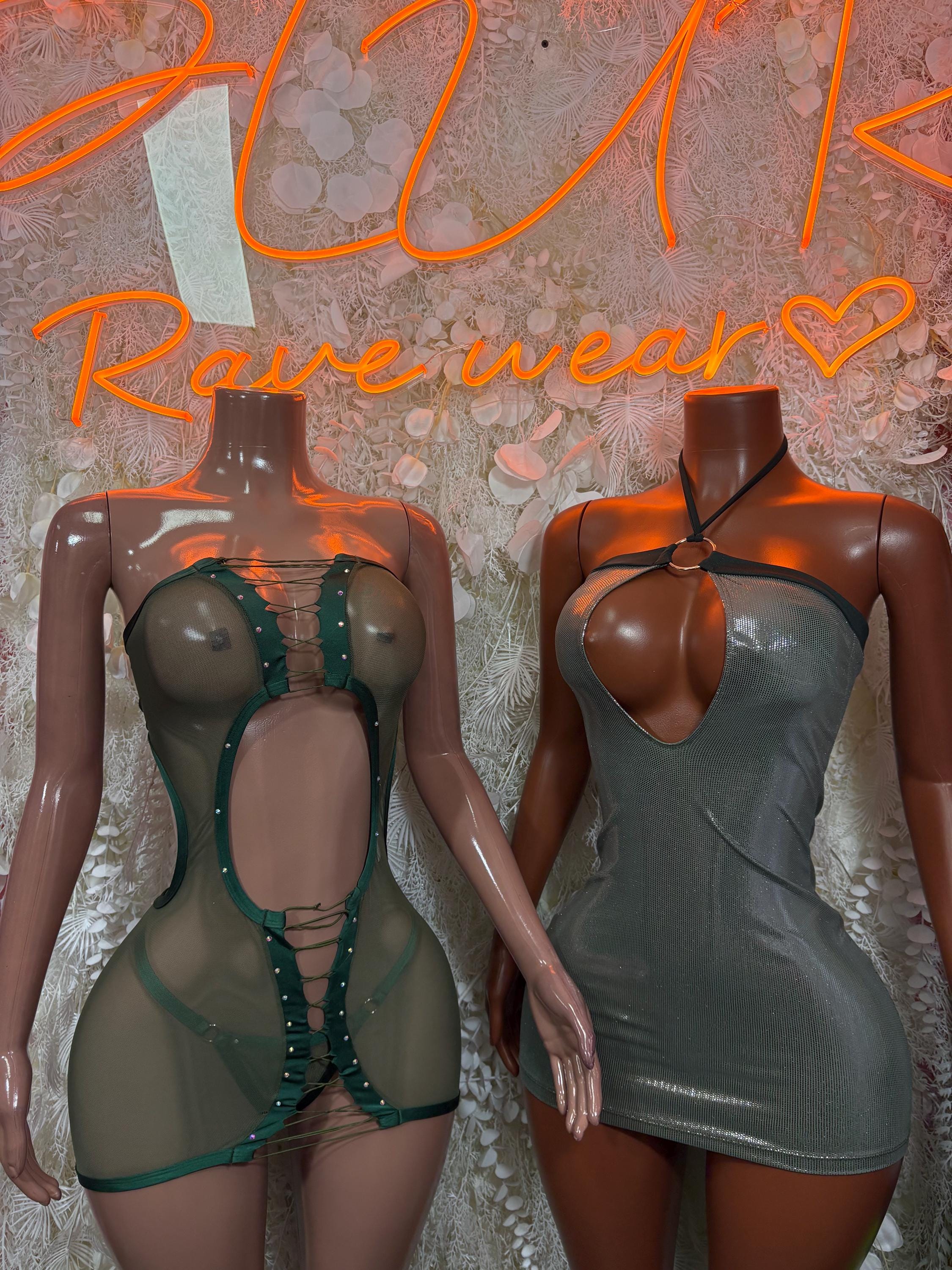 Olive Green Metallic Exotic Dancewear Dress Matching Thong Included - Sexy Evening Date Night Dress