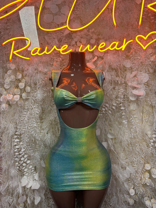 Aqua green metallic halter mini dress with ruched center seam and open back