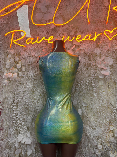 Back view of aqua green metallic halter mini dress with center back drape