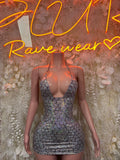 Silver Crushed Metallic Dress  One Piece  – Exotic Dancewear  & Rave Wear Festival Dress Club Outfit
