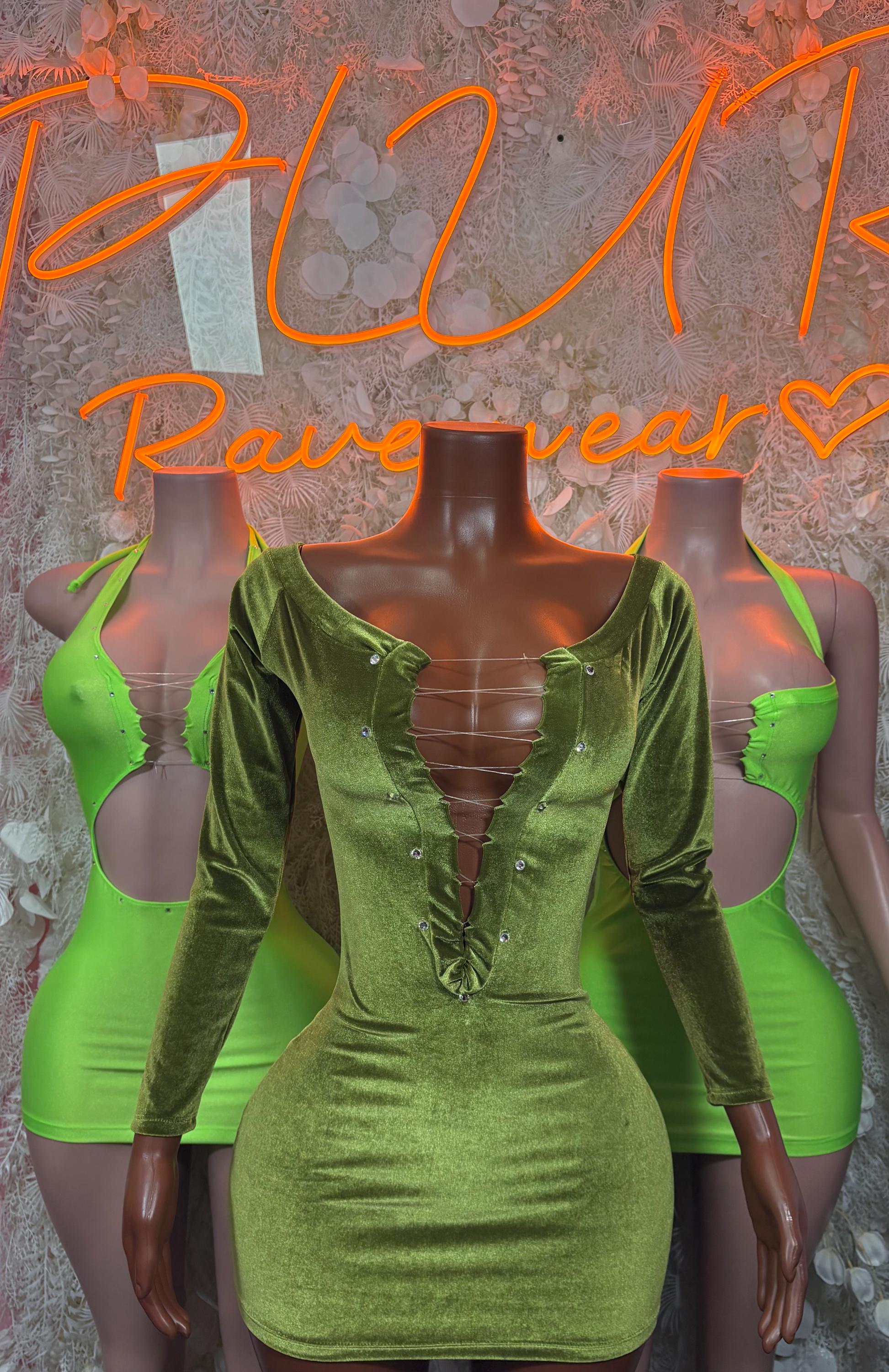 Green Velvet Mini Dress One Piece  – Exotic Dancewear & Rave Wear Festival Dress Club Outfit