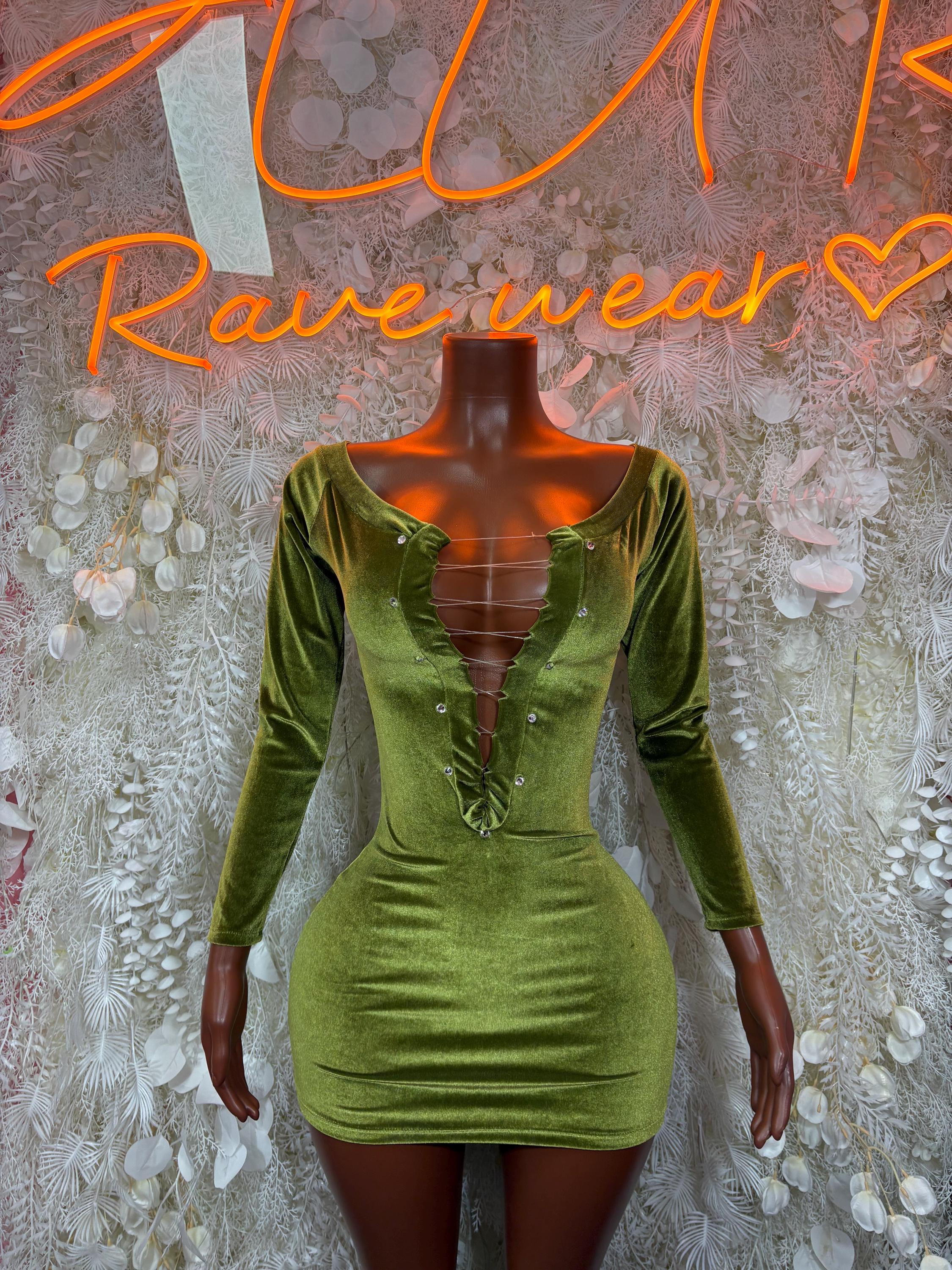 Green Velvet Mini Dress One Piece  – Exotic Dancewear & Rave Wear Festival Dress Club Outfit