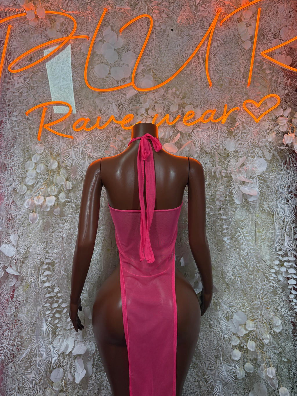 Hot pink backless festival gown with halter neck tie and open back
