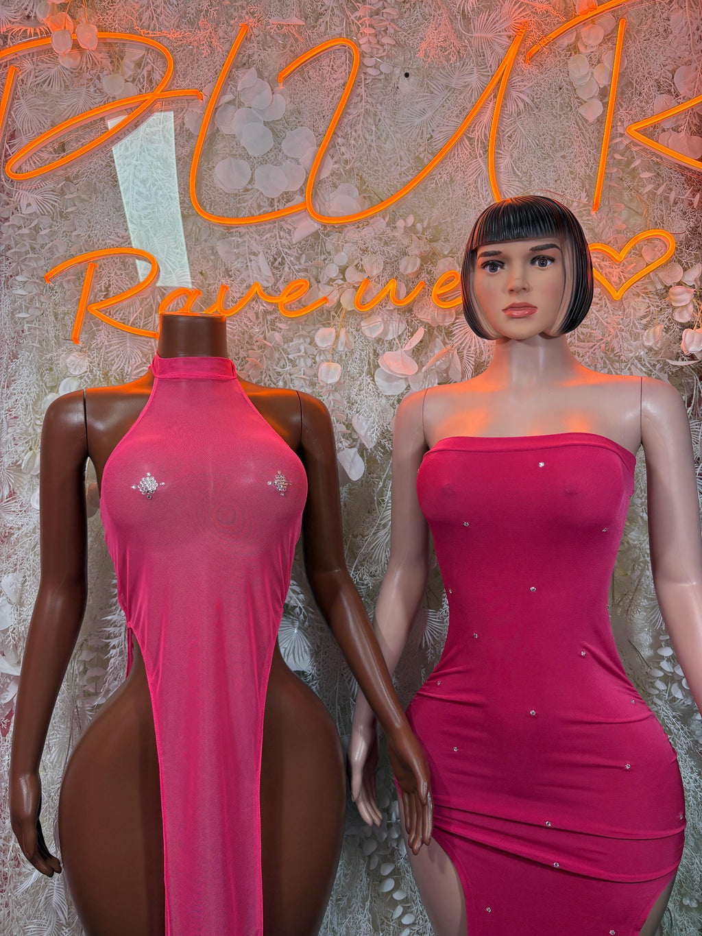 Pink strapless bodycon dress, shown front and back on mannequins