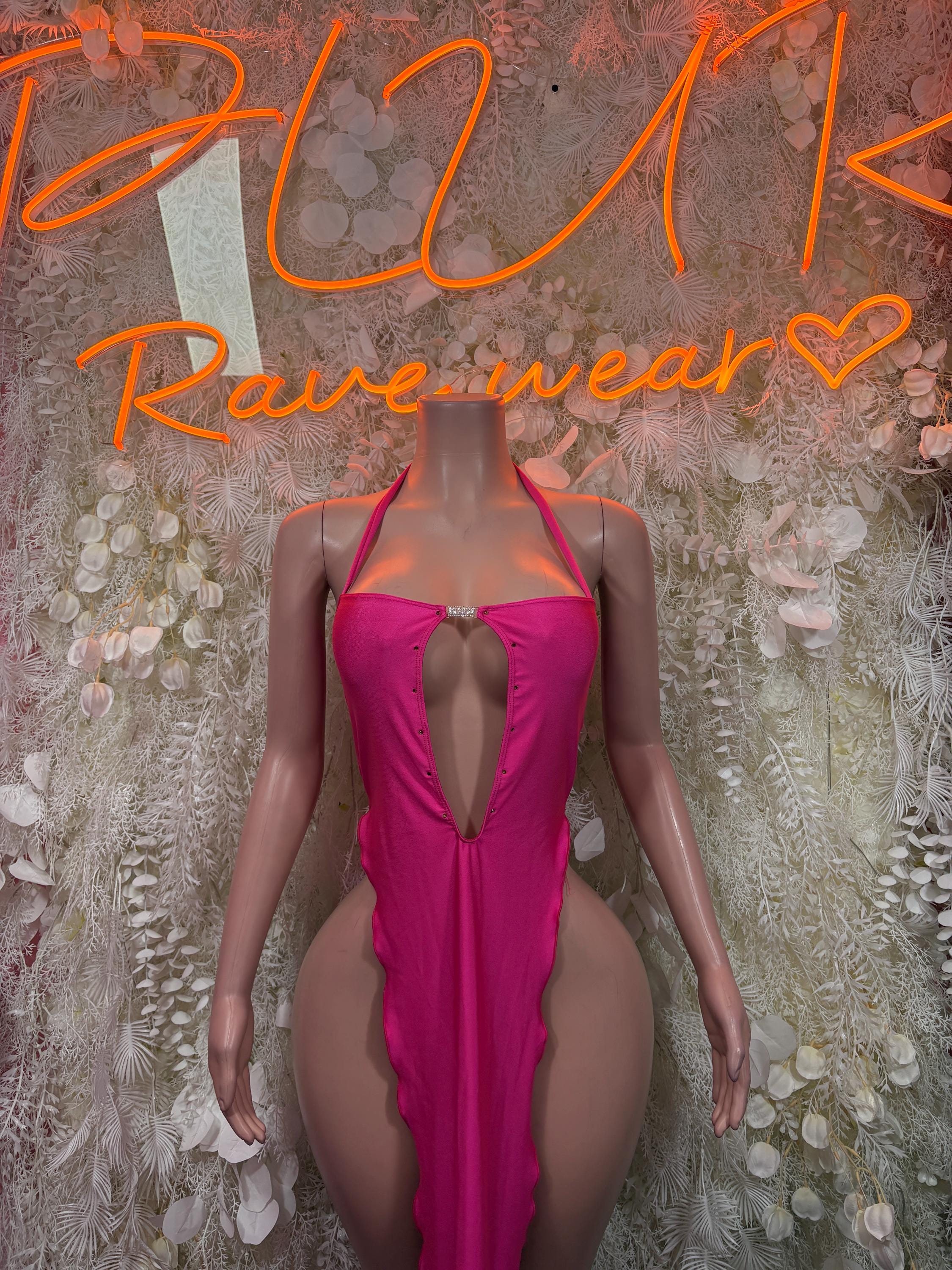 Fuchsia pink strappy one-piece gown with deep V cutout front