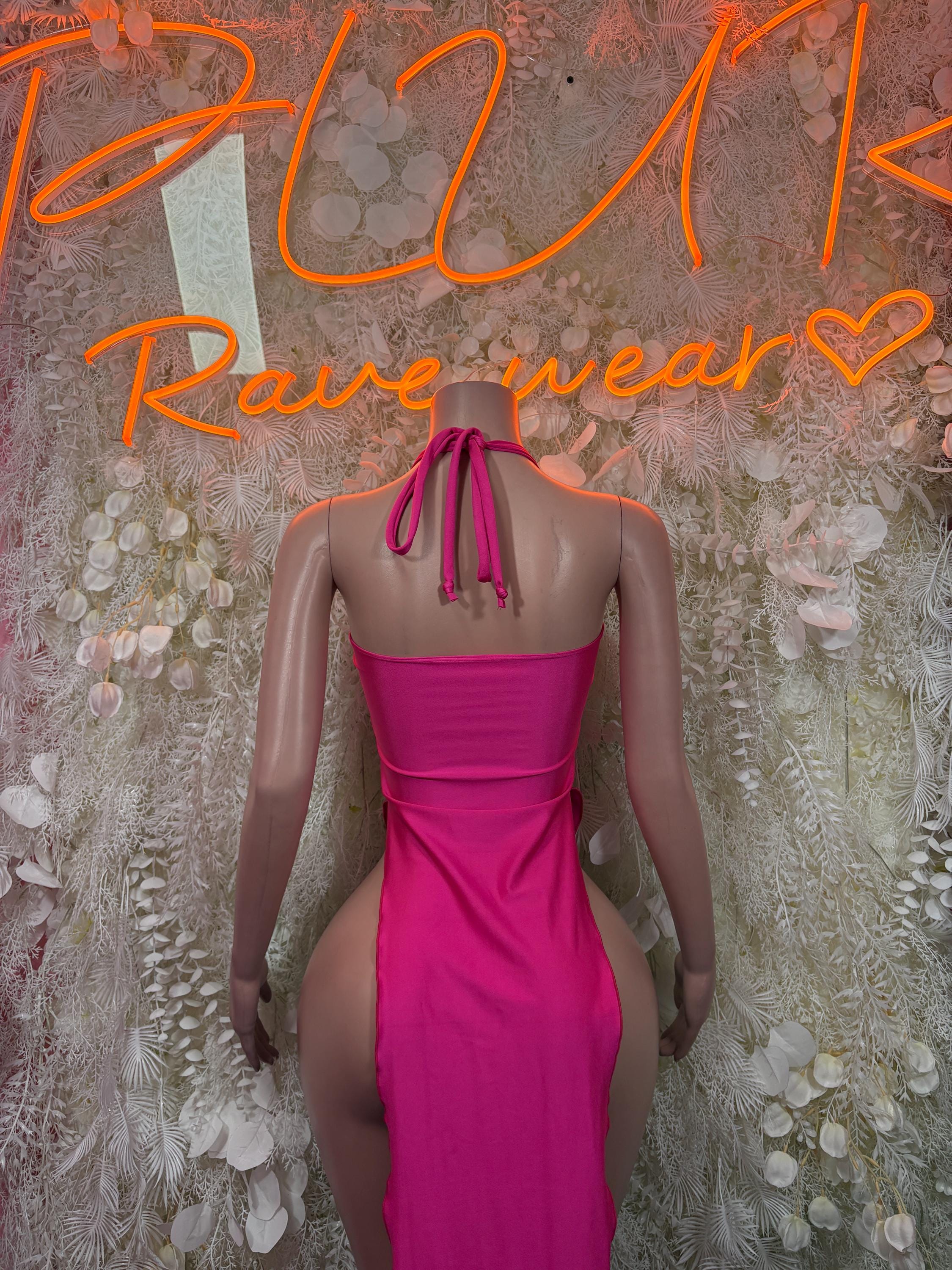 Fuchsia pink backless gown with tie-back crisscross straps