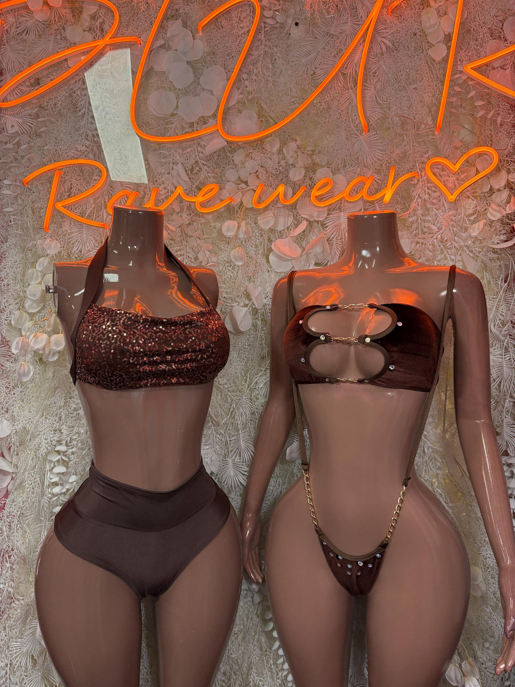 Brown sequin rave bra top and high-waist sheer underwear set, two mannequins side view